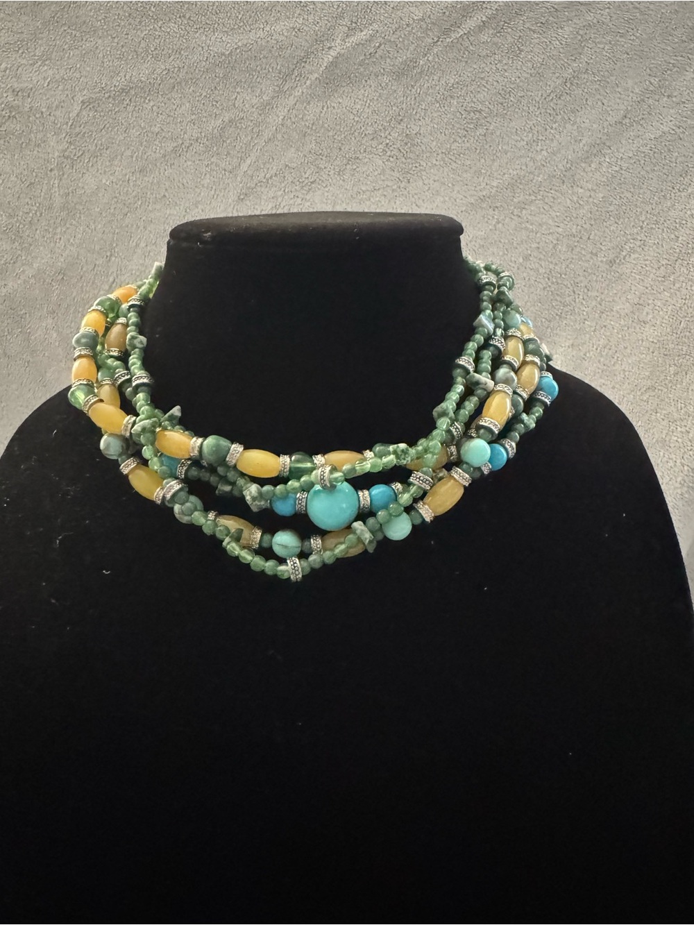 Leetie Lovedale Green and Turquoise Beaded Statement Necklace w/ Yellow Accents